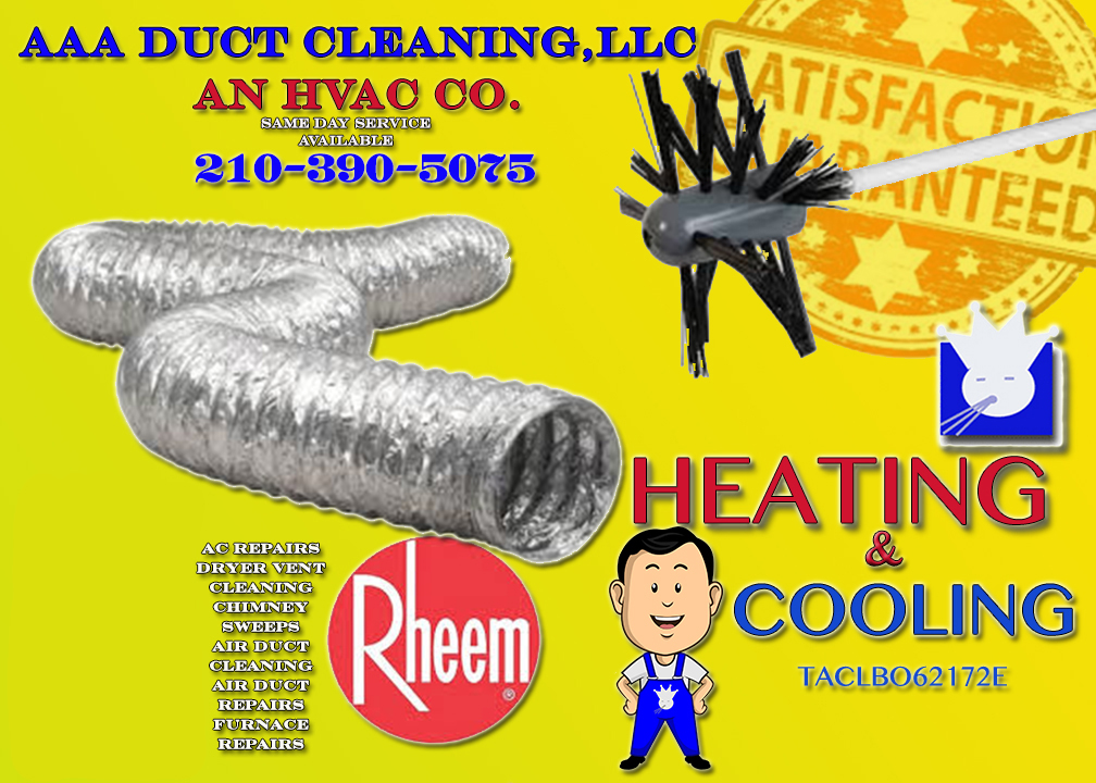 AAA Duct Cleaning Offers many services to the San Antonio Texas Metro area. Our services include dryer vent cleaning, dryer vent duct repair, AC repair and installation San Antonio, and many other services which include maintenance agreements for your HVAC system and semiannual checkups for all air conditioning and heating systems. same-day services for dryer vent cleaning and inspections can be scheduled by calling 210-390-5075. we also provide weekend services for dryer vent cleaning for convenience San Antonio.